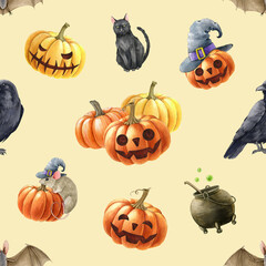Halloween funny and scary elements seamless pattern. Watercolor illustration. Hand drawn halloween scary face pumpkins, witch pot. Jack head pumpkins seamless pattern