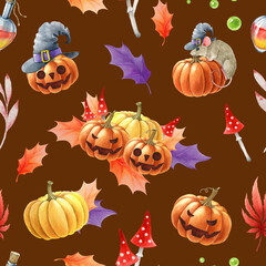 Halloween elements spooky and funny seamless pattern. Watercolor illustration. Hand drawn halloween scary elements, pumpkins, witchcraft, witch hat, toadstools. Dark background
