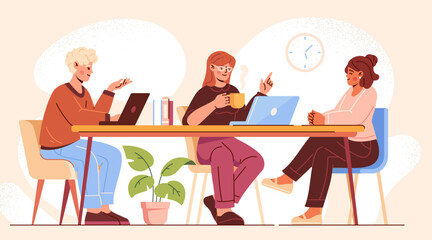 Coworking or teamwork. Male and female office workers sitting at desk, discussing project, working on laptop and performing tasks together. Entrepreneurs meeting. Cartoon flat vector illustration