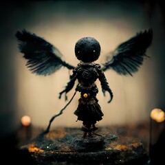 Flying puppet doll with wings and strings. Digital rendered figured. Mystical. Dark. Fantasy. Bright background.