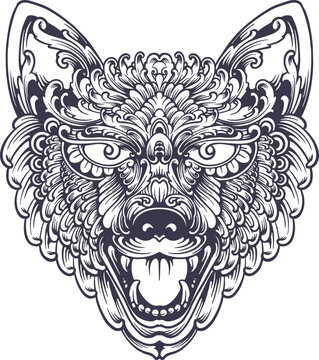 Elegant vintage ornament wolf monochrome Vector illustrations for your work Logo, mascot merchandise t-shirt, stickers and Label designs, poster, greeting cards advertising business company or brands.