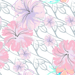 Pink Flowers Blooming Pattern. Pastel Watercolor.