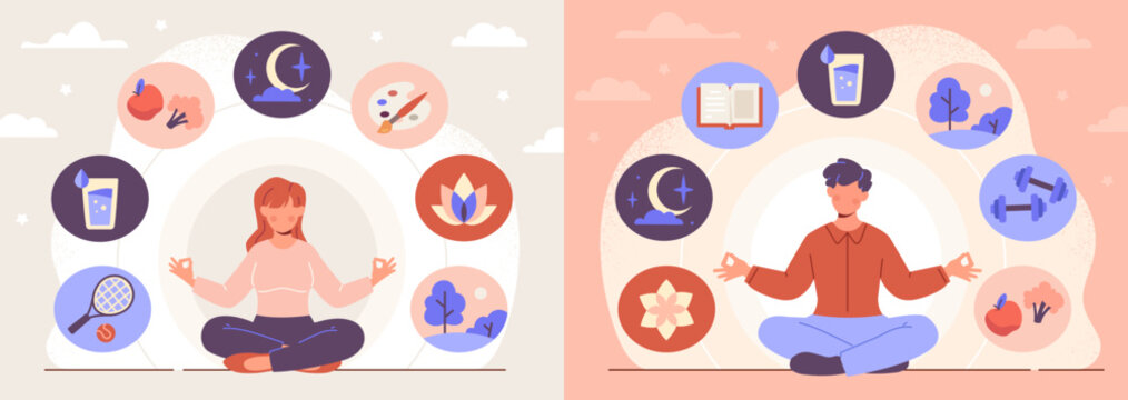 Combination of healthy habits for wellbeing. Man and woman with mental calmness sit in lotus position. Daily rituals, sports, sleep, nutrition and walks. Happy lifestyle. Cartoon flat vector set