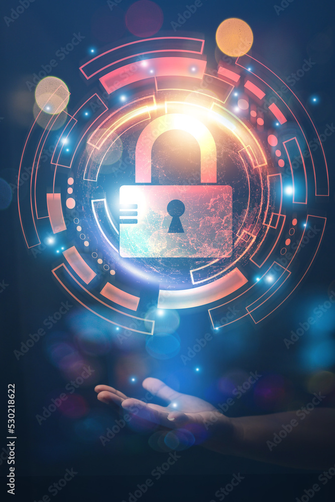 Poster cybersecurity concept business man shows how to protect cyber technology network from attack by hack