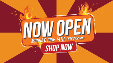 Now open shop or new store red and orange color sign on black background.Template design for opening event.Can be used for poster ,flyer , banner.