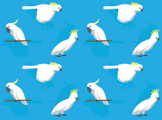 Sulphur-Crested Cockatoo Cartoon Character Seamless Wallpaper Background Set 2