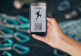 Man, hands and phone qr code for rock climbing, mountain sports and energy fitness for workout,...