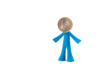 Symbolic figurine of a man with a coin of denomination of 1 euro on a white background