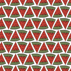 Vector hand-drawn watermelon slice half drop seamless repeat pattern background. Vector illustration