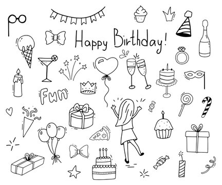 Celebration clipart set. Party time doodle clipart. Hand drawn line icons for New Year or Birthday. Cake, gift, garland, champagne, balloons - Powered by Adobe