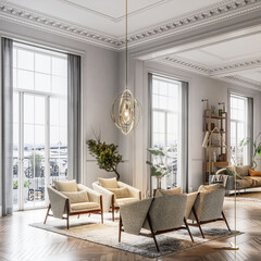 Naklejka premium Computer generated image of a modern living room interior. 3D Rendering of elegantly furnished living Room.