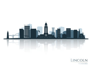 Lincoln skyline silhouette with reflection. Landscape Lincoln, Nebraska. Vector illustration.