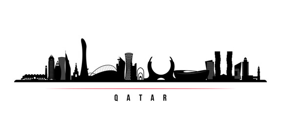 Qatar skyline horizontal banner. Black and white silhouette of Qatar. Vector template for your design. © greens87