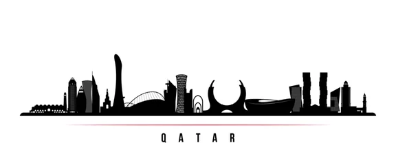 Fotobehang Qatar skyline horizontal banner. Black and white silhouette of Qatar. Vector template for your design. © greens87