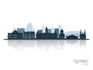 Quebec skyline silhouette with reflection. Landscape Quebec, Canada. Vector illustration.