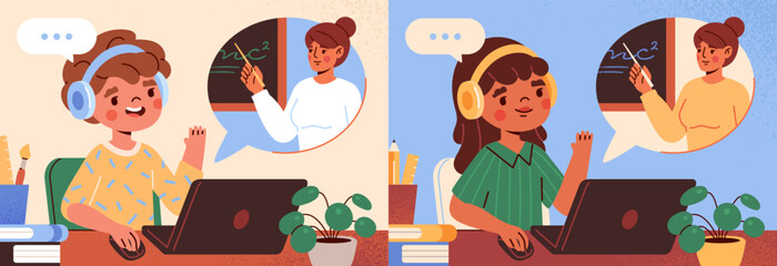 Remote education or distant learning. Boy and girl listen to online lesson and communicate with teacher on laptop screen. Children or pupils learn at home. Cartoon flat vector illustration collection.