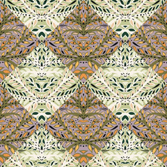 Hand drawn branch mosaic seamless pattern. Leaves tile. Botanical endless wallpaper.