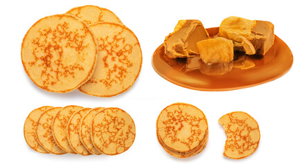 on white background with toffee candies. Flat lay, top view. Food cretive layout
