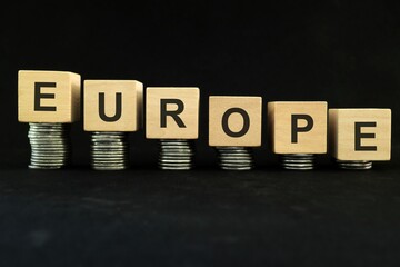 European economic recession, crash, collapse, crisis and Europe economy down concept. Wooden blocks...