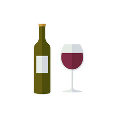 A bottle of wine with a cork and a glass of red wine.
