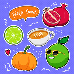 doodle sticker, healthy food doodle sticker, character, vintage sticker, fruits, vegan