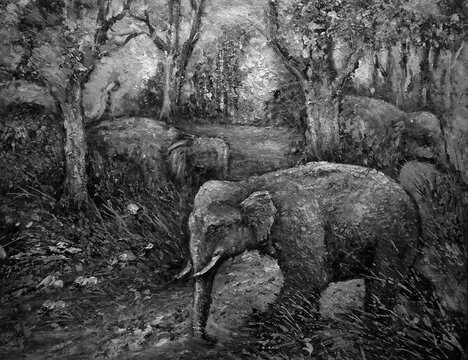  art painting Oil color Elephant family thailand , black and white , monochrome