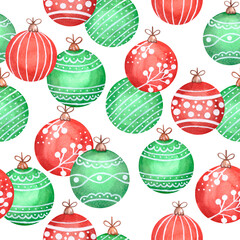 Christmas balls seamless pattern. Wallpaper Red and green decoration. Patterned Christmas tree toys. High quality illustration