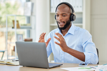 Black man, laptop and call center employee talking, training and in customer service, help and...