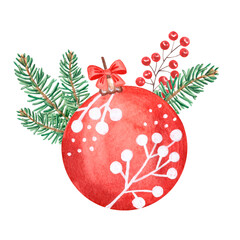 Watercolor red Christmas ball composition with bow, berries and fir branches on white background. Watercolour Christmas season composition.