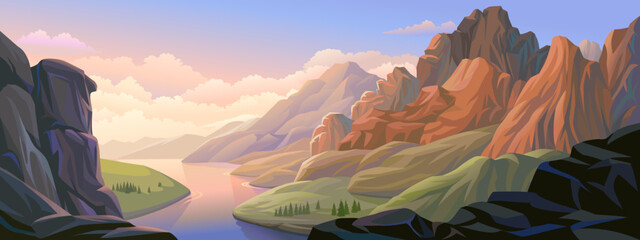 Brown hills and mountains over a green landscape with a beautiful river.