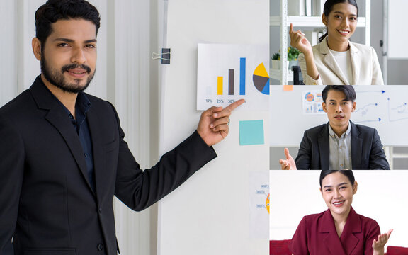 Head shot participants videoconference on-line meeting. Young wavy hair, moustache and beard businessman in black suit  pointing finger at pie chart on white board.