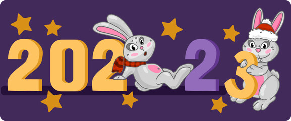 Christmas bunny in santa hat. 
Rabbit changes numbers. Chinese New year 2023 symbol. Vector illustration in cartoon style. Design element for greeting cards, holiday banner, decor.