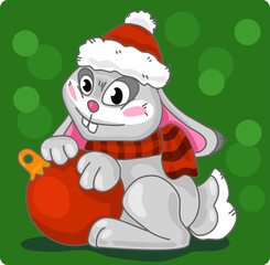 Christmas bunny in santa hat with 
christmas ball. Chinese New year 2023 symbol. Vector illustration in cartoon style. Design element for greeting cards, holiday banner, decor. Little Rabbit Characte