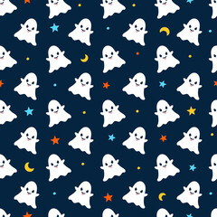 Cute Happy Halloween white ghost ghosts cartoon seamless pattern vector black background ghost star crescent moon