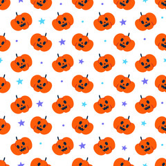Cute Happy Halloween orange pumpkin lamp jack o lantern pumpkins cartoon seamless pattern vector white background ghost star