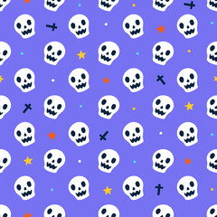 Cute Happy Halloween white skull bone ghost cartoon seamless pattern vector violet background star cross crucifix rood