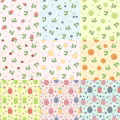 Set of vector seamless patterns. Repeating backgrounds with fruits and berries, and jars of jam