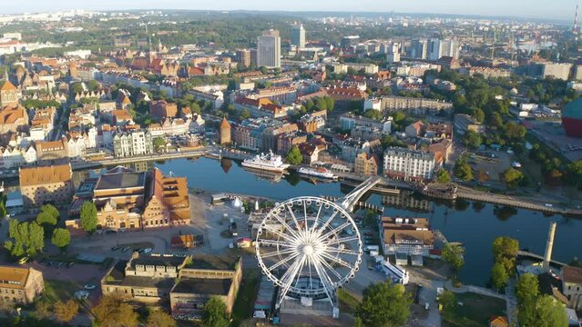 Birds Eye View of AmberSky Ferris Wheel, Polish Baltic Philharmonic in Gdansk at Sunrise