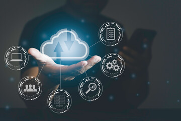Man use mobile with cloud computing diagram show on hand. Cloud technology. Data storage. Networking and internet service concept.