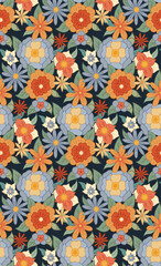 Vector seamless retro pattern with bouquet groovy flowers. Ditsy hippie texture with different flowers on dark blue background in grid ornament.