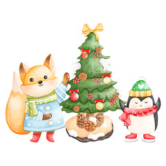 Cute Watercolor Christmas and winter animal in winter clothing with christmas tree, Digital paint watercolor illustration