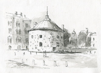 old medieval tower on the square sketch - 530224629