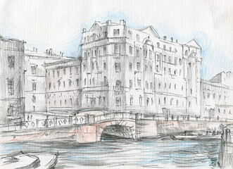 houses on the canal in st petersburg sketch