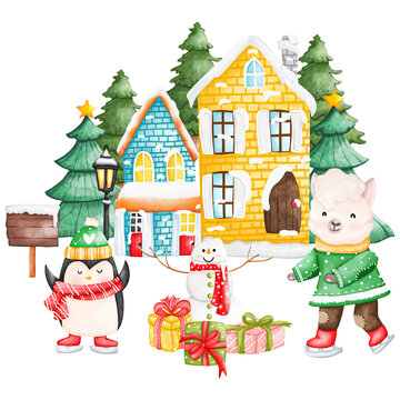 Cute Watercolor Christmas and winter animal in winter clothing with house, Digital paint watercolor illustration