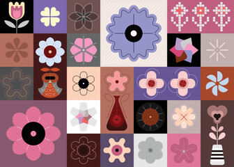 Arrière-plan transparent vectoriel abstrait comprenant plusieurs fleurs de style géométrique. Chacun des éléments de conception est créé sur un calque séparé et peut être utilisé comme image autonome.