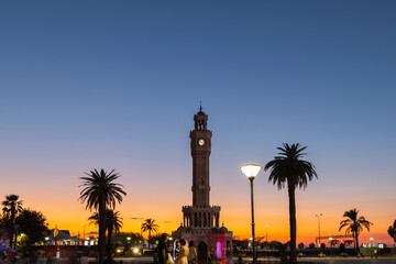 Obraz premium Izmir Clock Tower in the Sunset Lights, Konak City Center, Izmir Turkey