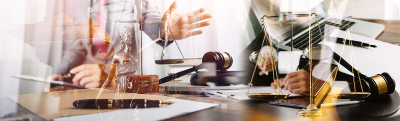 Business and lawyers discussing contract papers with brass scale on desk in office. Law, legal services, advice, justice and law concept picture with film grain effect