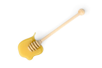 Honey with honey dipper isolated on white background.