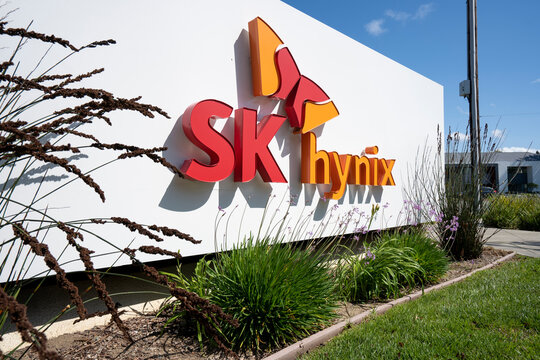 San Jose, CA, USA - Apr 30, 2022: SK hynix sign is seen at the headquarters of SK hynix America, Inc. in San Jose, California. SK hynix is a South Korean supplier of DRAM and flash memory chips.