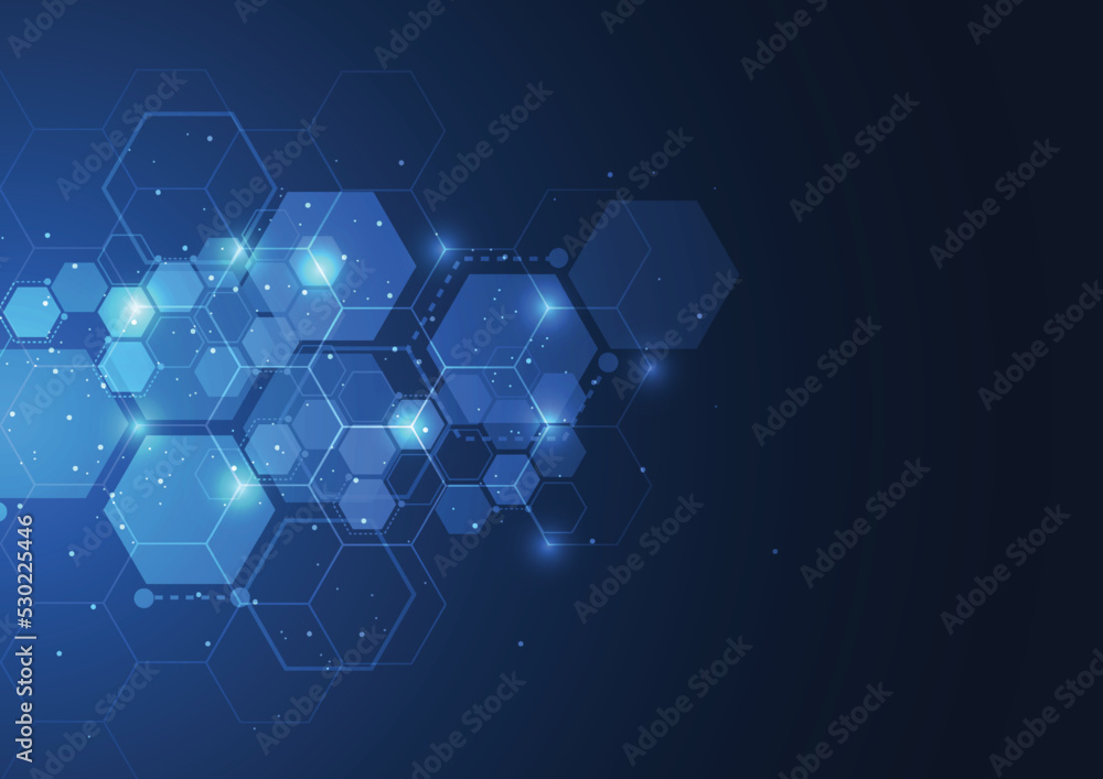 Poster abstract technology blue hexagons pattern background for network connection concept with mesh dots a